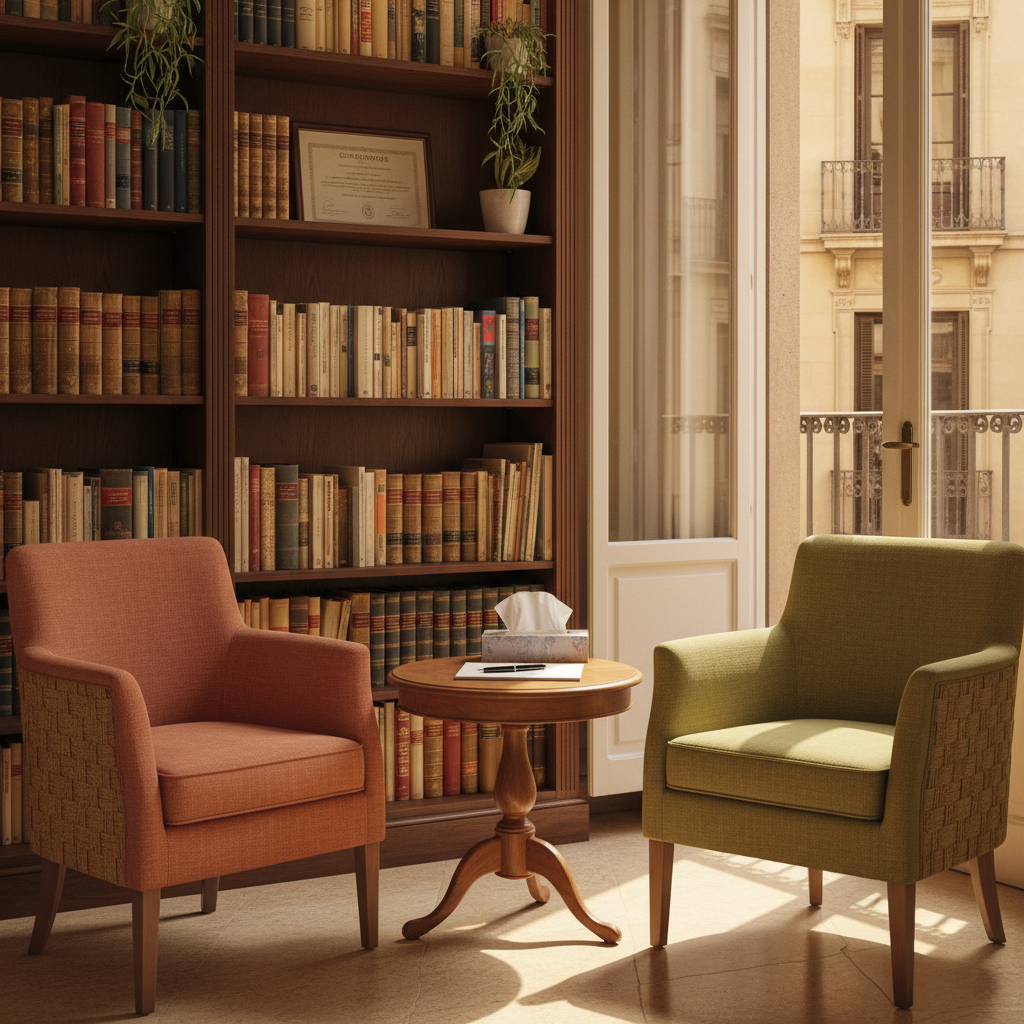 A tranquil therapy consultation room in Barcelona, captured in photographic realism, featuring a pair of upholstered armchairs in muted earth tones facing each other across a small round wooden table. On the table rests a simple notepad, a classic black pen, and a box of tissues. A tall shelf in the background displays well-worn psychology volumes and a single framed diploma with Spanish text. Warm, golden-hour light streams through a partially open balcony door, casting soft elongated shadows and illuminating the subtle textures of the fabrics and wood. Shot at a slightly elevated angle with a balanced, symmetrical composition, the atmosphere feels safe, private, and reflective, suggesting an intimate space for deep conversation without any human figures present.
