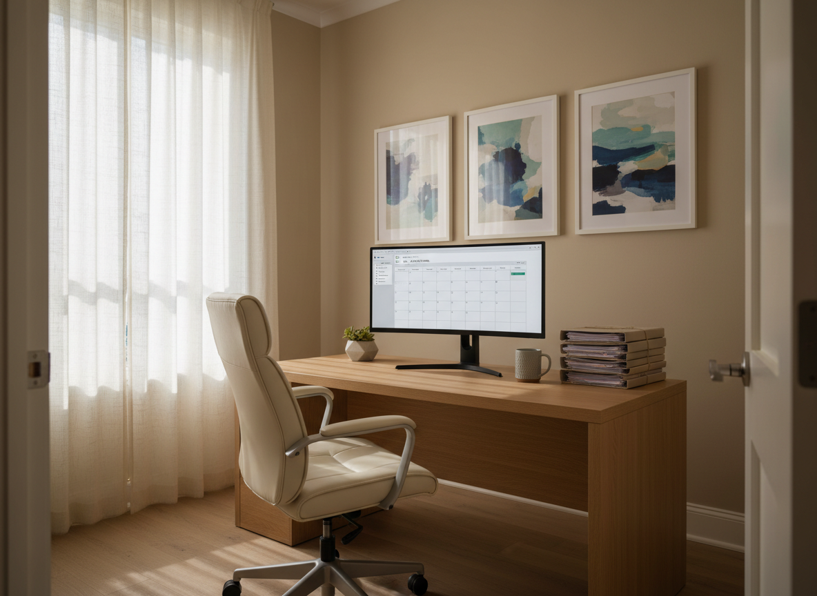 A serene, professional home office space prepared for online clinical psychology sessions, with a modern ergonomic chair facing a large monitor on a light oak desk. An open calendar app and neatly stacked case files are visible on screen and desk, alongside a muted gray ceramic mug and a small potted succulent. The room has soft beige walls adorned with framed abstract art in calming blues and greens. Early morning natural light filters through sheer curtains, producing a soft, diffused glow. Photographic realism, wide-angle composition from the doorway, with sharp focus throughout, creating a welcoming yet highly professional atmosphere that communicates experience, order, and confidentiality, with no people present anywhere in the scene.