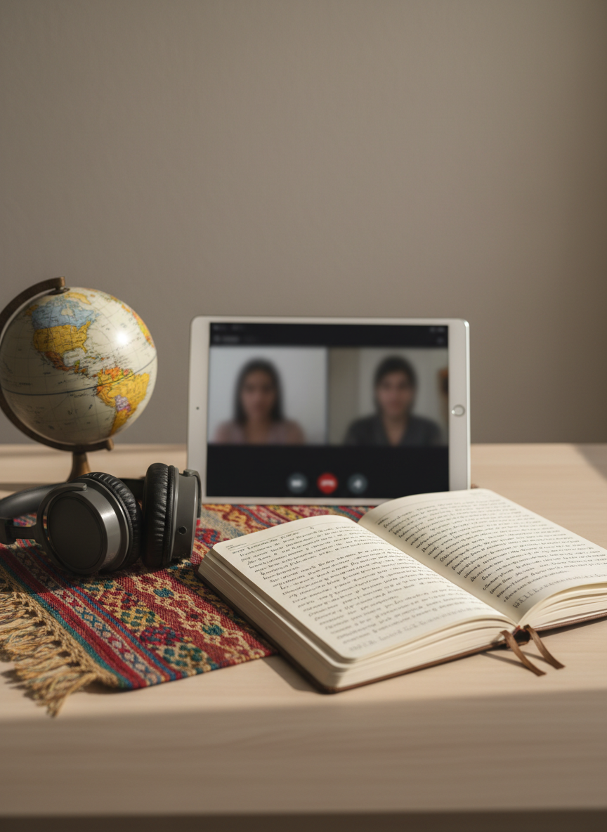 A symbolic still life representing support for adult migrants in therapy, arranged on a clean, neutral-toned table: an open hardcover notebook filled with handwritten notes in Spanish, a small globe turned to highlight Latin America and Europe, and a pair of over-ear headphones resting beside a sleek tablet showing a muted video call interface. A simple, colorful woven textile from Latin America lies partially under the objects, adding cultural warmth. Soft, indirect daylight falls from the right, creating delicate shadows and a contemplative mood. Photographic realism, captured from a slightly elevated, close-up angle with shallow depth of field, keeping the central objects crisp while the background fades into a gentle blur, evoking connection across distances and the emotional journey of migration, with no people present.